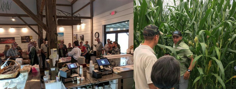 Photo of people in a store, and in field 