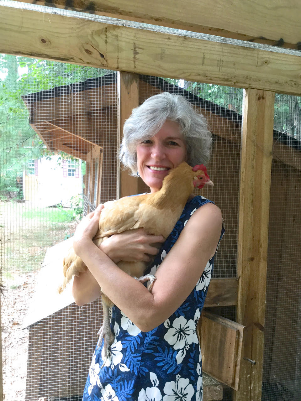 Kathy Lynch holding chicken Molly